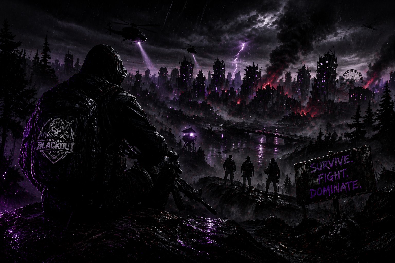 Project Blackout PvP survivor overlooking a stormy ruined city